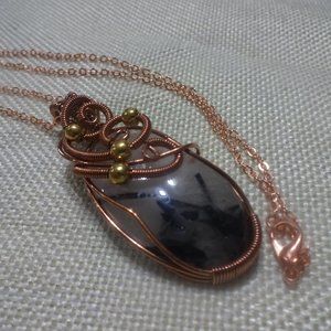 Whimsical "TROUMALINE QUARTZ" Handmade COPPER WIRE-WRAPPED Pendant/Chain #104B